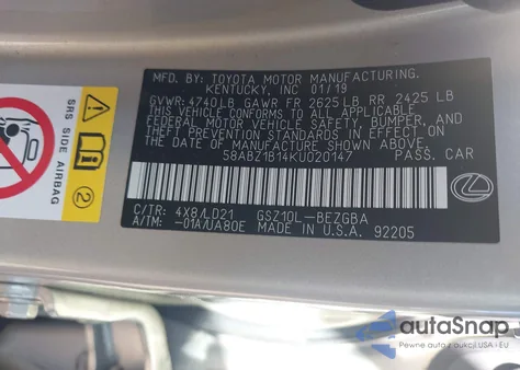 2019 Lexus Es 350 из США, поврежденный, VIN 58ABZ1B14KU020147